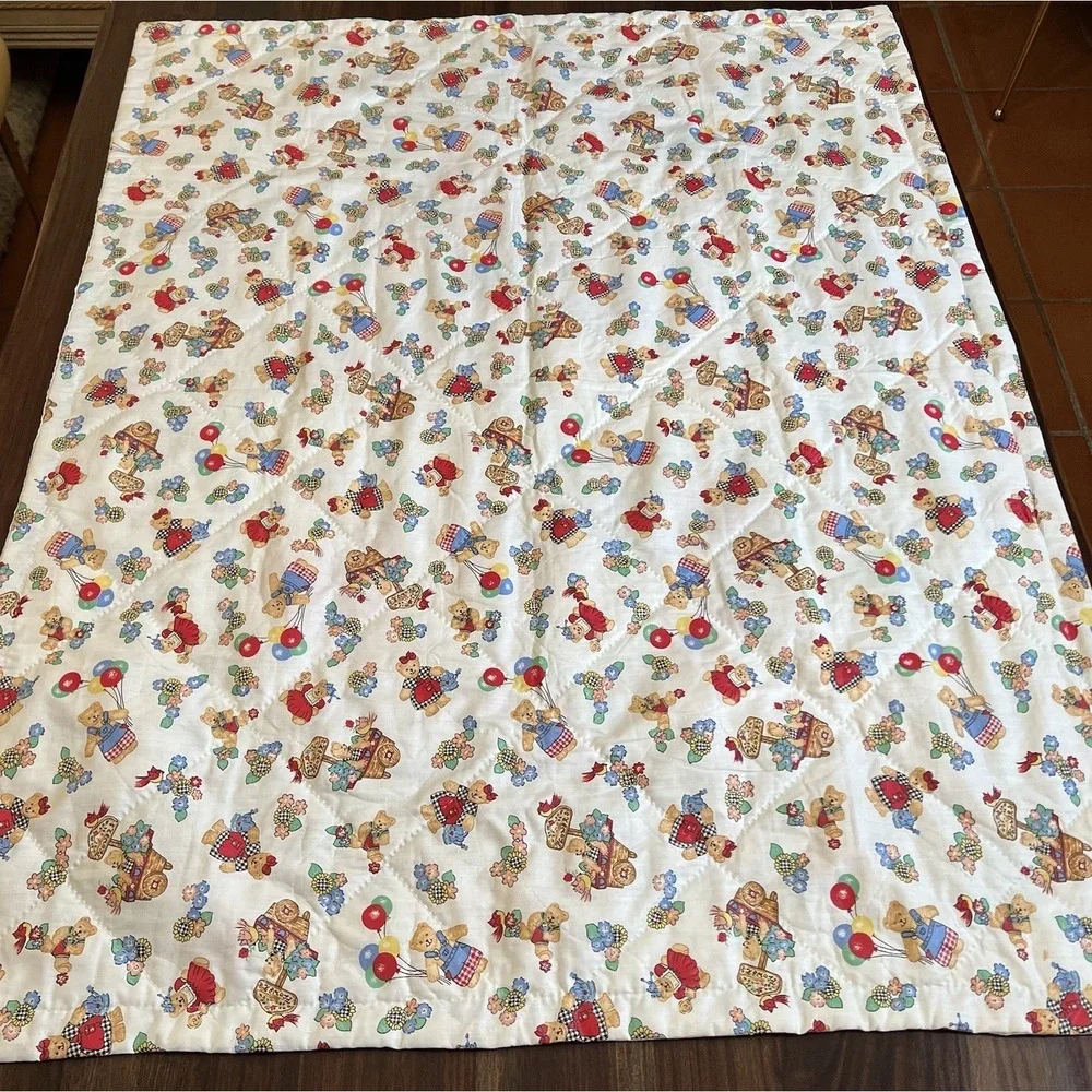 Vtg‎ Gardening Blue Jean Teddy Bear Blanket Family Baby Quilt Handmade 34